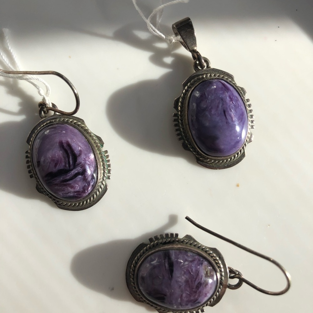 Charoite earrings and pendant set. Sterling silver - Picture 4 of 5